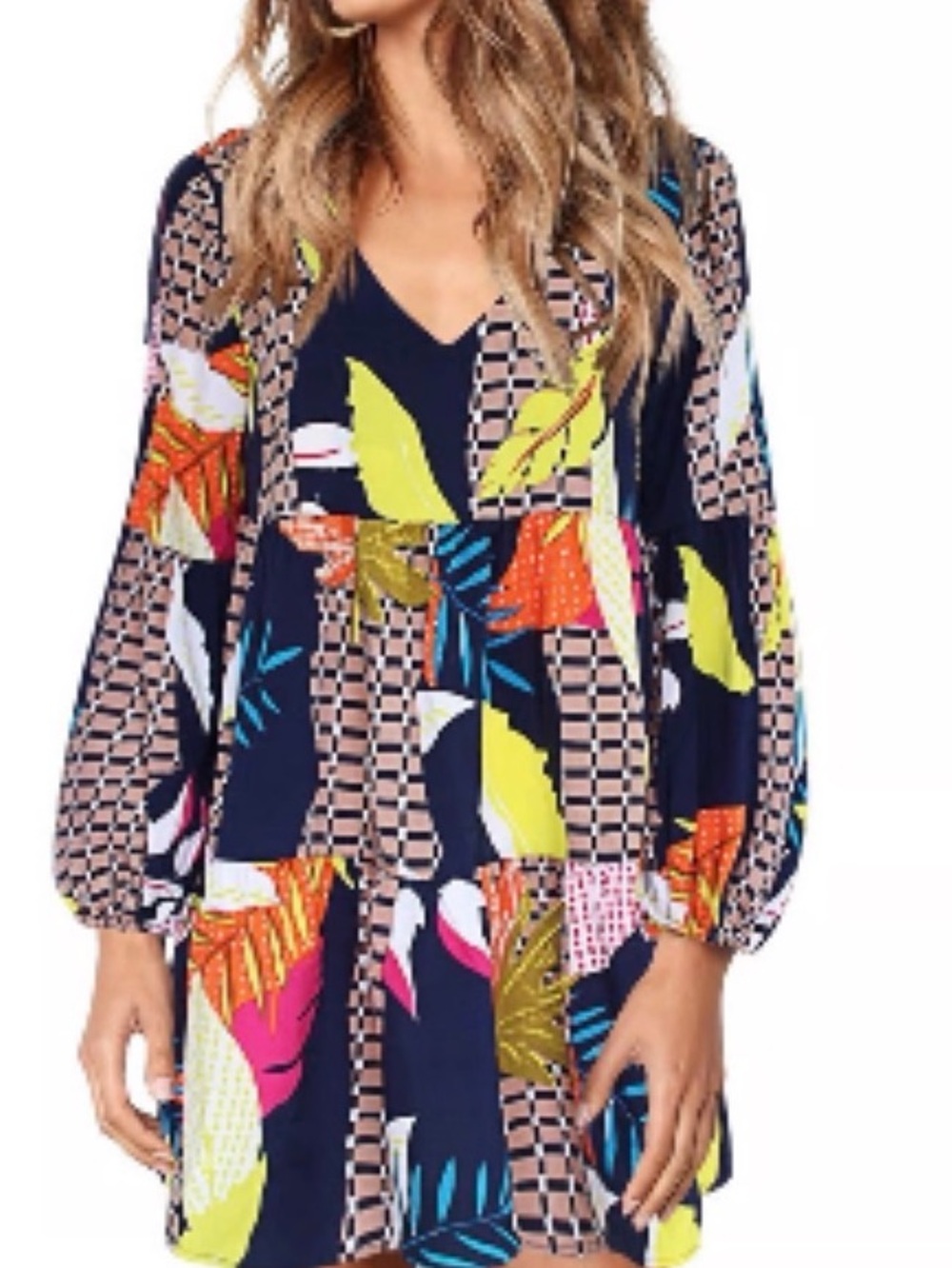 Navy Floral-Print Long Sleeve Tiered Dress
